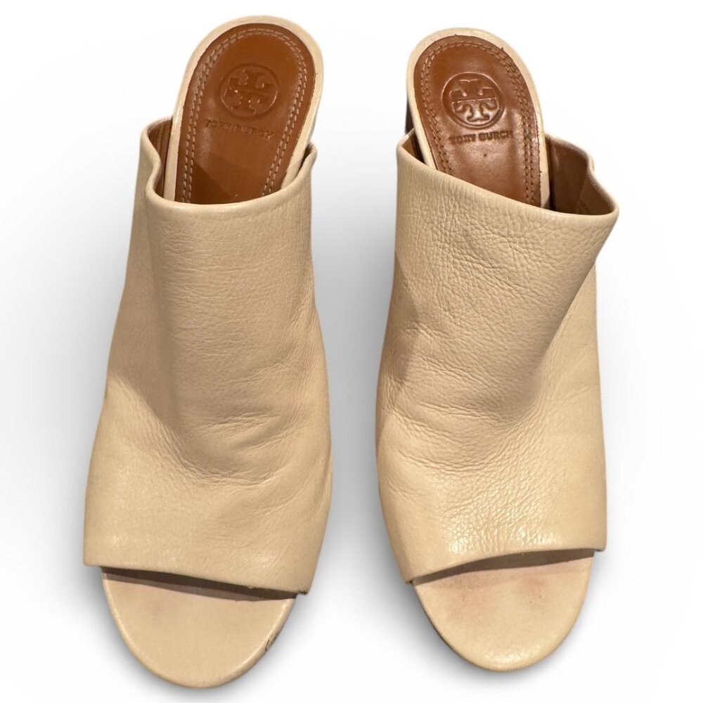 Tory Burch Raya Leather Open Toe Block Heel Mules Cream | Women’s 9.5 Designer - Picture 3 of 9